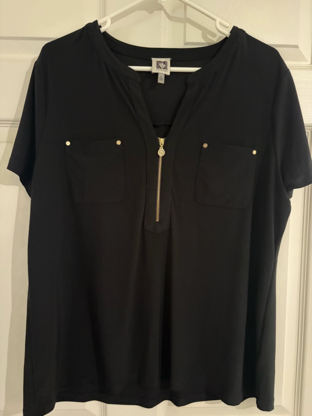 Anne Klein XL Black Blouse Zip Front Short Sleeve Work Top